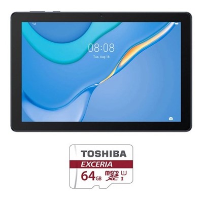 تصویر تبلت هوآوی مدل MatePad T10 ظرفیت 16 گیگابایت و رم 2 گیگابایت به‌همراه کارت حافظه microSDXC توشیبا مدل EXCERIA M302-EA ظرفیت 64 گیگابایت به همراه آداپتور SD